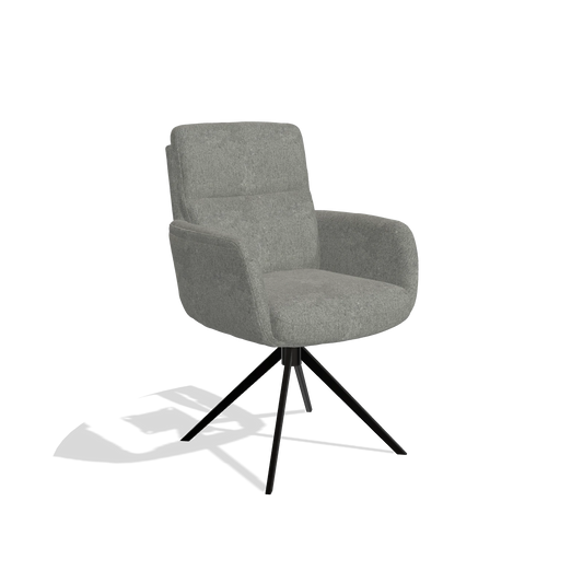 Silla de comedor con reposabrazos Toby 6718 en tela San Remo 802 (topo), base giratoria en negro, vista en ángulo