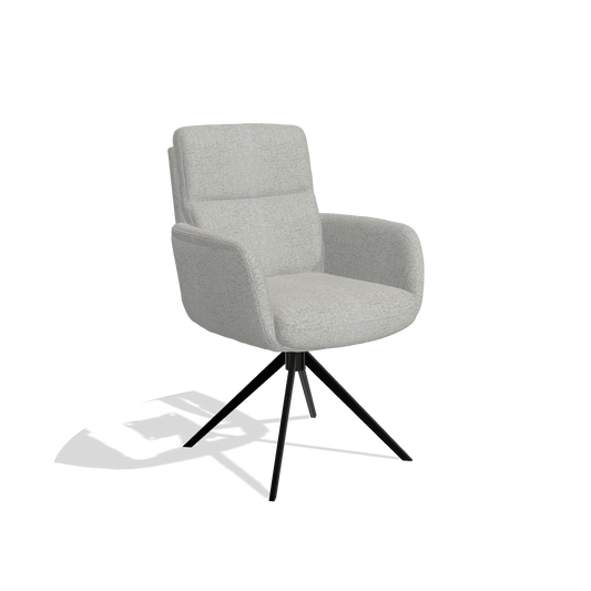 Silla de comedor con reposabrazos Toby 6718 en tela Sneak 05 (greige), base giratoria en negro, vista en ángulo