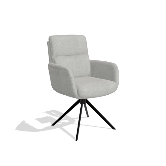 Silla de comedor con reposabrazos Toby 6718 en tela Sneak 110 (greige), base giratoria en negro, vista en ángulo