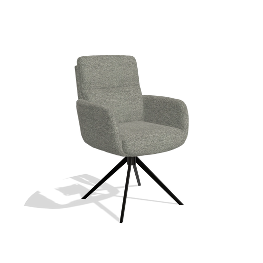 Silla de comedor con reposabrazos Toby 6718 en tela Sneak 149 (topo), base giratoria en negro, vista en ángulo