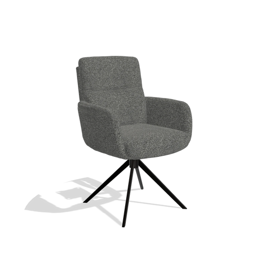 Silla de comedor con reposabrazos Toby 6718 en tela Sneak 65 (gris oscuro), base giratoria en negro, vista en ángulo