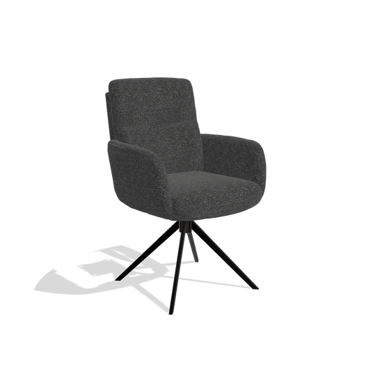 Silla de comedor con reposabrazos Toby 6718 en tela Sneak 67 (negro), base giratoria en negro, vista en ángulo
