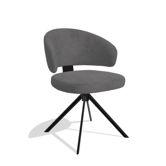 Silla de comedor Zenith 6604 en tela Adore 180 (gris oscuro), base giratoria en negro, vista en ángulo