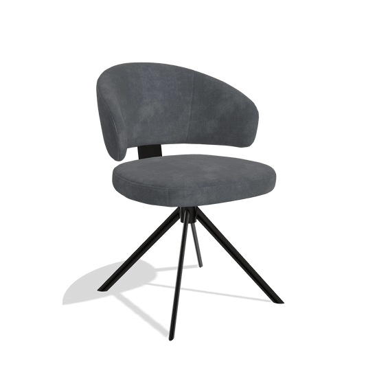 Silla de comedor Zenith 6604 en tela Adore 56 (antracita), base giratoria en negro, vista en ángulo