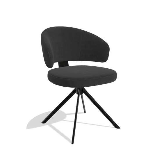 Silla de comedor Zenith 6604 en tela Adore 67 (negro), base giratoria en negro, vista en ángulo