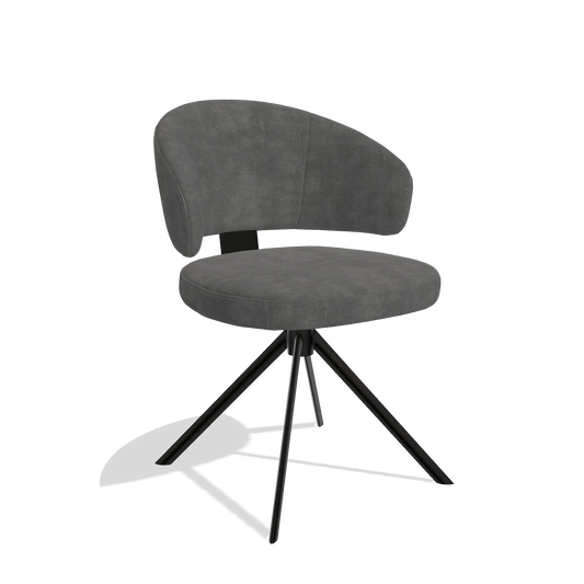 Silla de comedor Zenith 6604 en tela Adore 68 (gris oscuro), base giratoria en negro, vista en ángulo