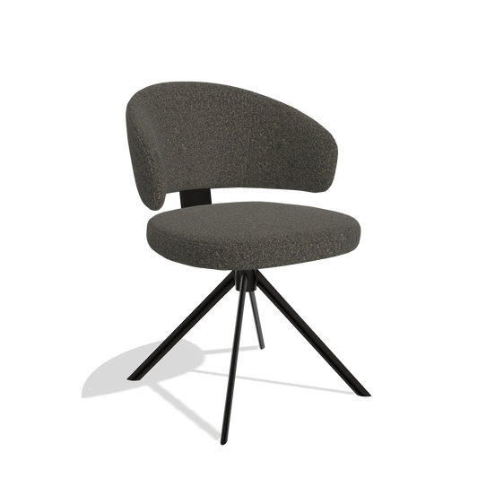 Silla de comedor Zenith 6604 en tela Ascot Mouse (chocolate), base giratoria en negro, vista en ángulo