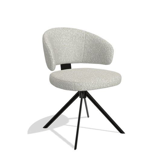 Silla de comedor Zenith 6604 en tela Ascot Pearl (gris claro), base giratoria en negro, vista en ángulo