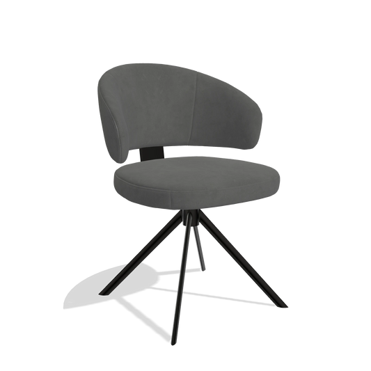 Silla de comedor Zenith 6604 en tela Bull 67 (gris oscuro), base giratoria en negro, vista en ángulo