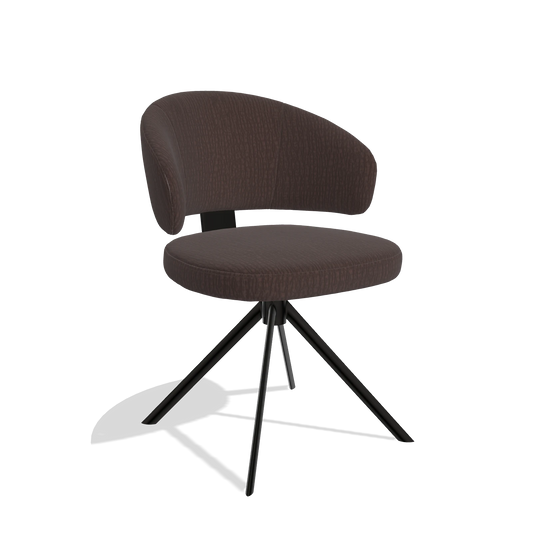 Silla de comedor Zenith 6604 en tela Energy 34 (chocolate), base giratoria en negro, vista en ángulo