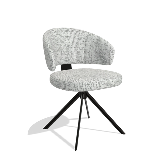 Silla de comedor Zenith 6604 en tela Horta 101 (gris claro), base giratoria en negro, vista en ángulo