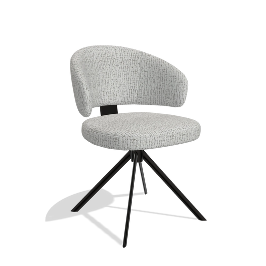 Silla de comedor Zenith 6604 en tela Horta 106 (gris claro), base giratoria en negro, vista en ángulo