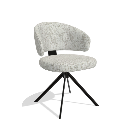 Silla de comedor Zenith 6604 en tela Horta 186 (gris claro), base giratoria en negro, vista en ángulo