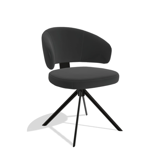 Sedia da pranzo Zenith 6604 in Pelle A804 (nero), base girevole in nero, vista angolata