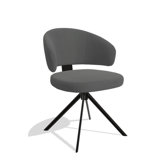 Silla de comedor Zenith 6604 en Piel B502 (gris oscuro), base giratoria en negro, vista en ángulo