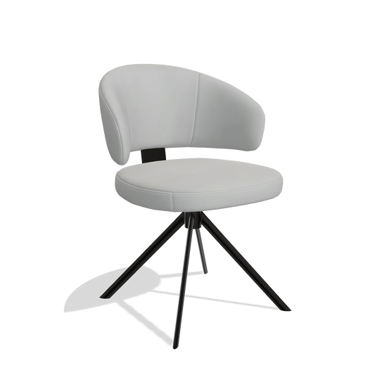 Silla de comedor Zenith 6604 en Piel B904 (gris claro), base giratoria en negro, vista en ángulo