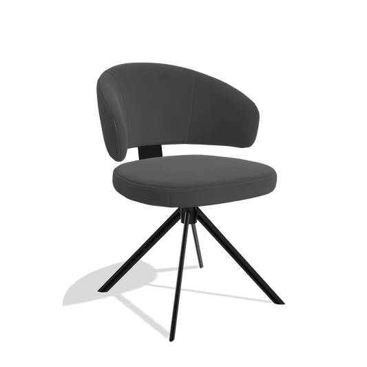 Silla de comedor Zenith 6604 en Piel B905 (antracita), base giratoria en negro, vista en ángulo