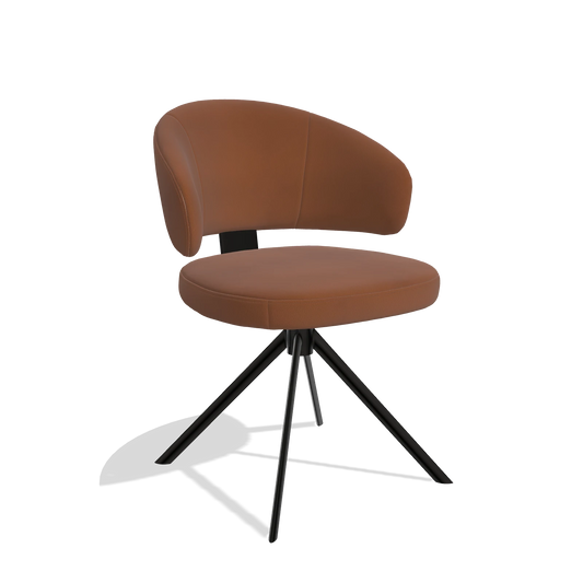 Silla de comedor Zenith 6604 en Piel B912 (óxido), base giratoria en negro, vista en ángulo