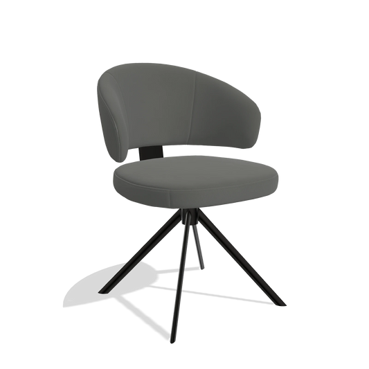 Silla de comedor Zenith 6604 en Piel B945 (gris oscuro), base giratoria en negro, vista en ángulo