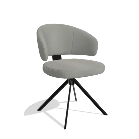Silla de comedor Zenith 6604 en Piel B967 (greige), base giratoria en negro, vista en ángulo
