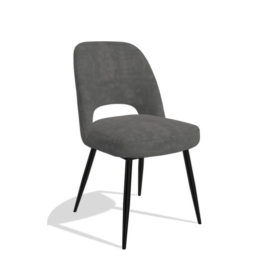 Silla de comedor Zian 6724 en tela Adore 68 (gris oscuro), patas en negro, vista en ángulo