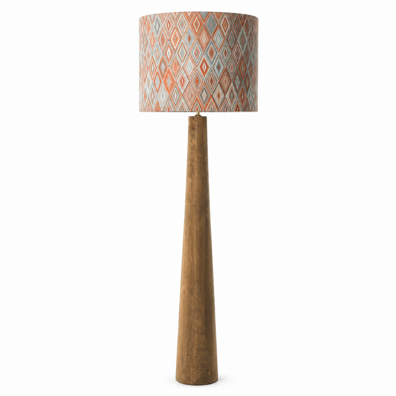 Floor Lamp MARINO 9662S front view — natural metal base with Harlequin Orange cylindrical shade, professional studio lighting on pure white background, 1:1 square product shot by Marcottestyle