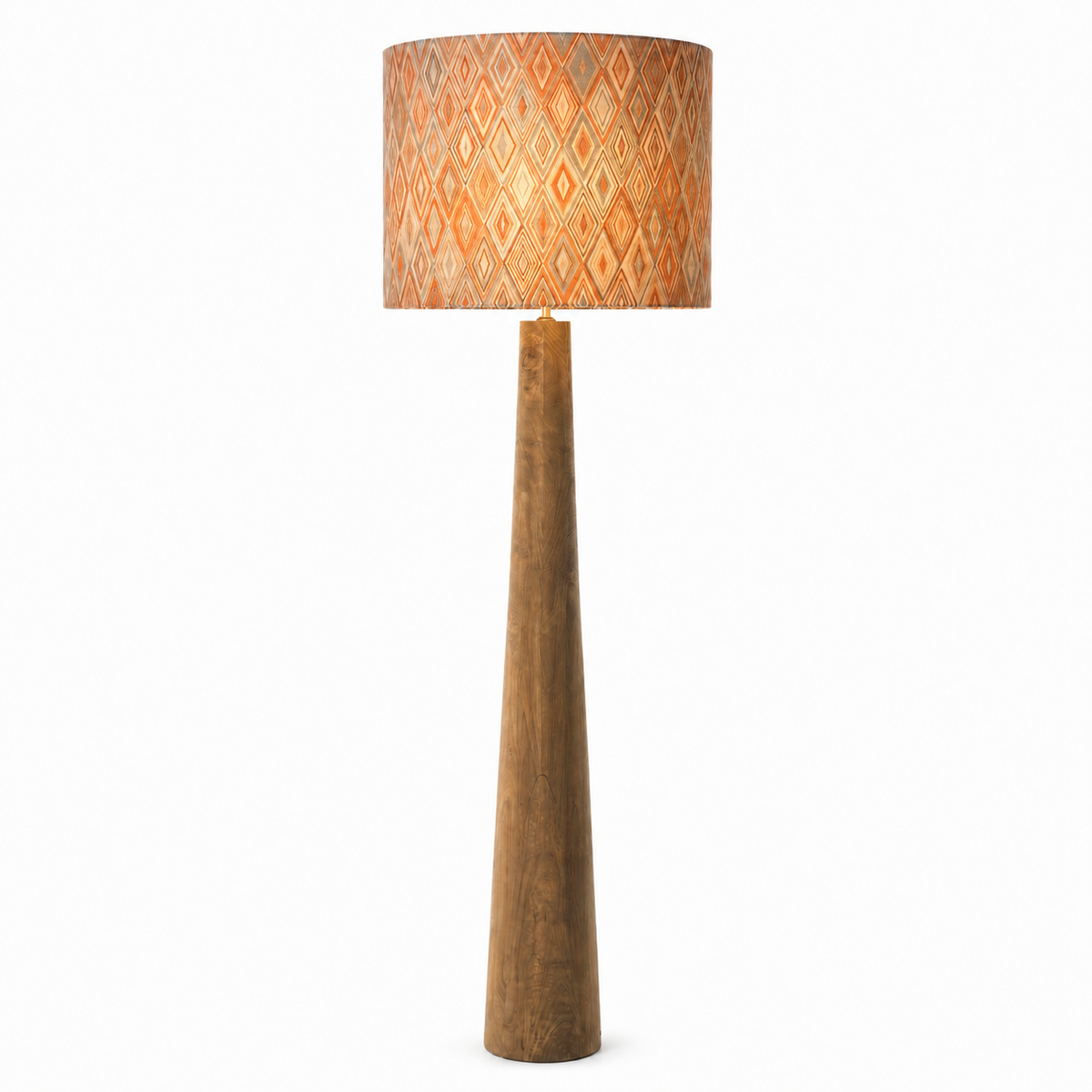 Floor Lamp MARINO 9662S with light turned on — warm glow softly visible through the Harlequin Orange fabric shade, natural metal base on white background, studio product photography by Marcottestyle