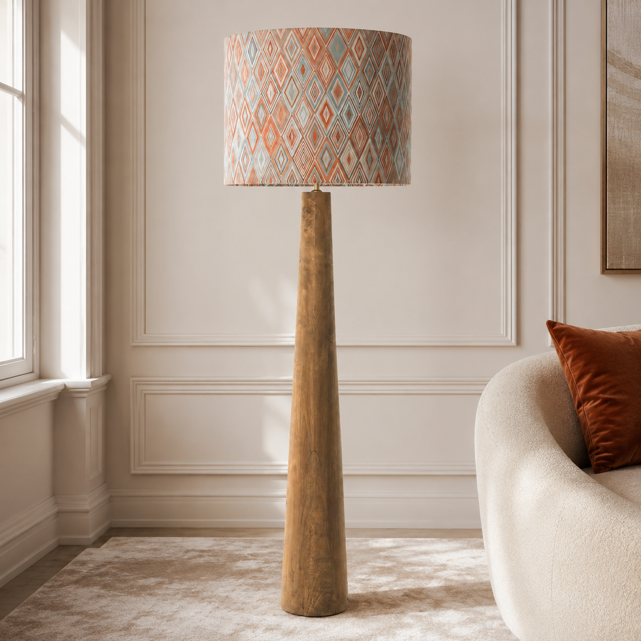 Lampadaire MARINO 9662S in modern luxury living room  -  natural metal floor lamp avec Harlequin Orange shade, realistic interior styling avec velvet carpet and window light by Marcottestyle