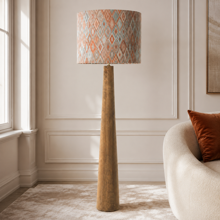 Floor Lamp MARINO 9662S in modern luxury living room — natural metal floor lamp with Harlequin Orange shade, realistic interior styling with velvet carpet and window light by Marcottestyle