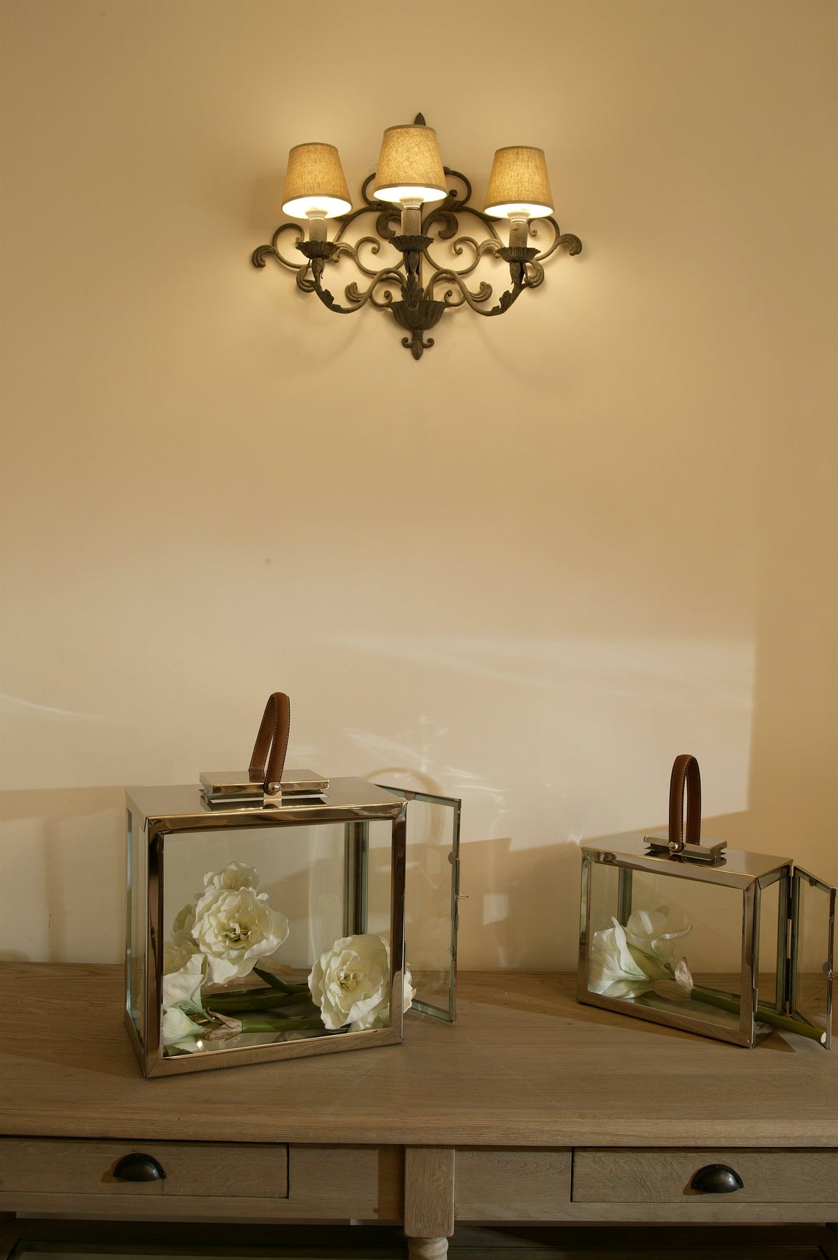 Nickel and glass lanterns on the oak console - Embassy, Brussels