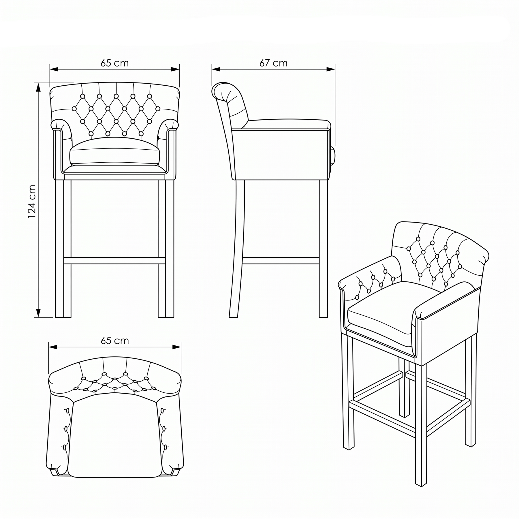 Bar Stool Theems - Brown Fabric & Natural Oak Legs - 65 x 67 x 124 cm
