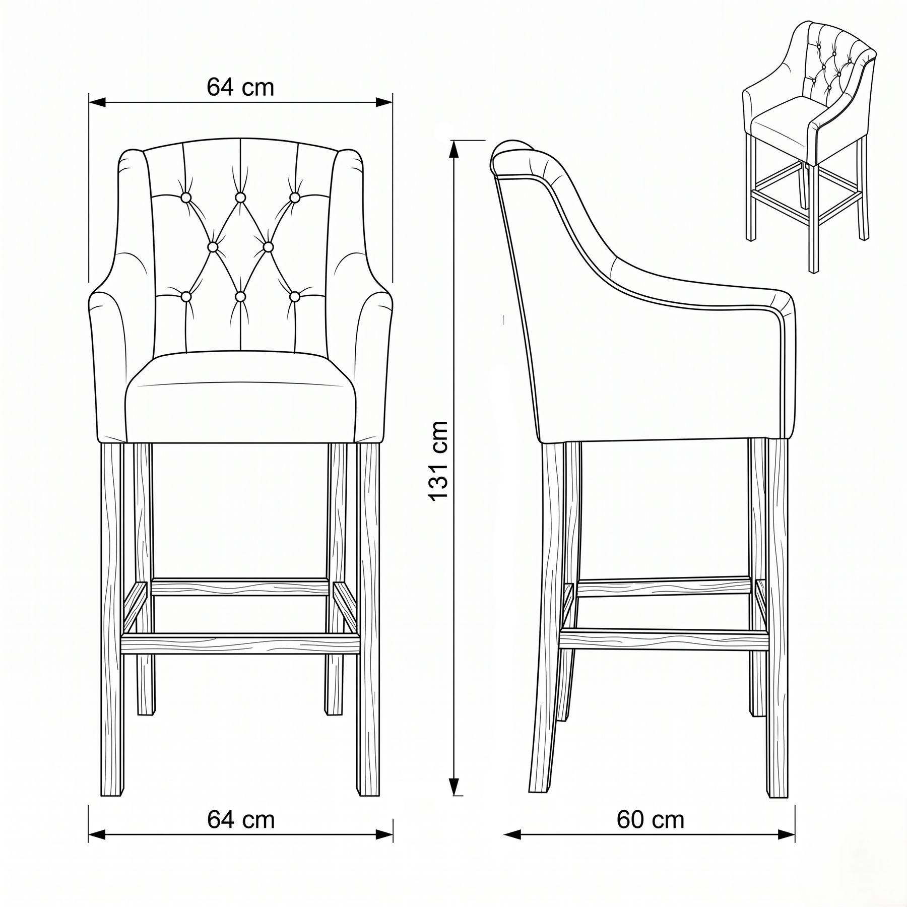 Bar Stool Canon - Light Beige Fabric & Natural Oak Legs - 64 x 60 x 131 cm