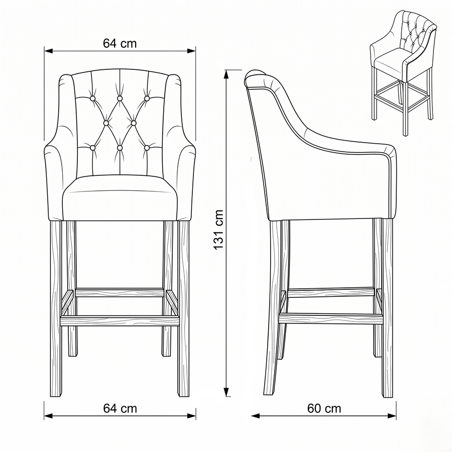 Bar Stool Canon - Light Beige Fabric & Natural Oak Legs - 64 x 60 x 131 cm