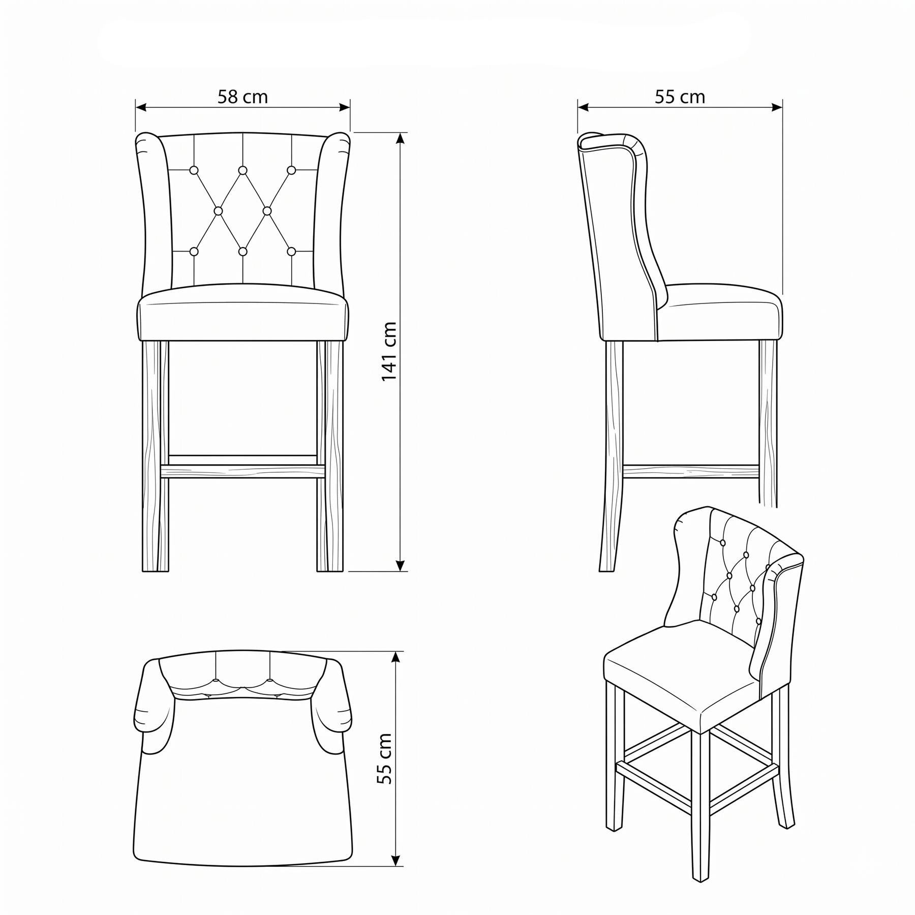 Bar Stool Hectori - Beige Fabric & Natural Oak Legs - 58 x 55 x 141 cm