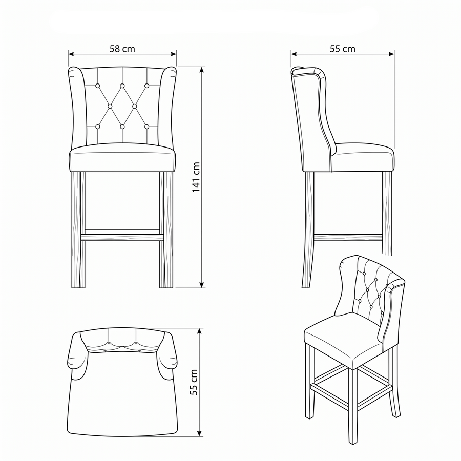 Bar Stool Hectori - Beige Fabric & Natural Oak Legs - 58 x 55 x 141 cm