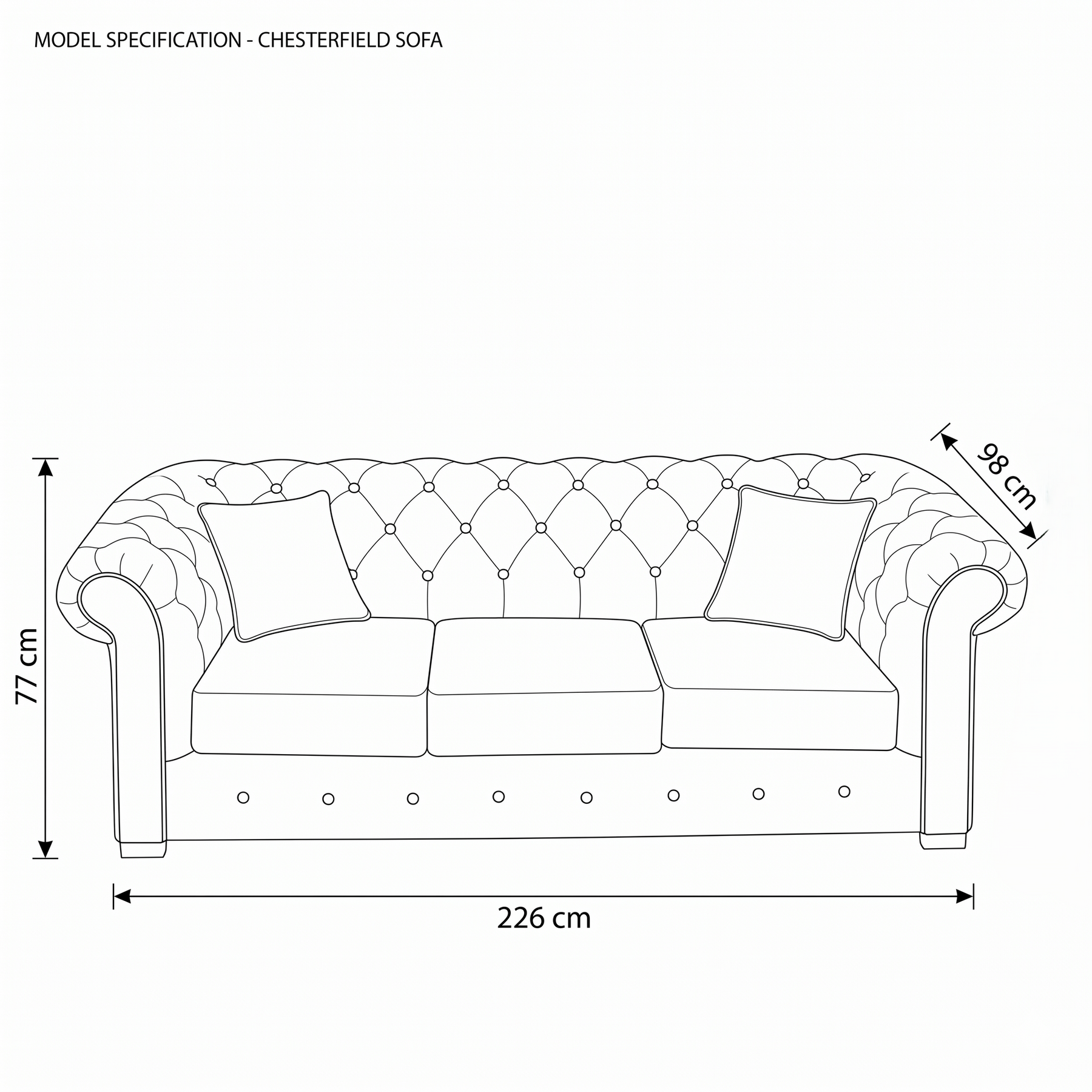 Canapé Chesterfield - Beige avec brown piping - 226 x 98 x 77 cm