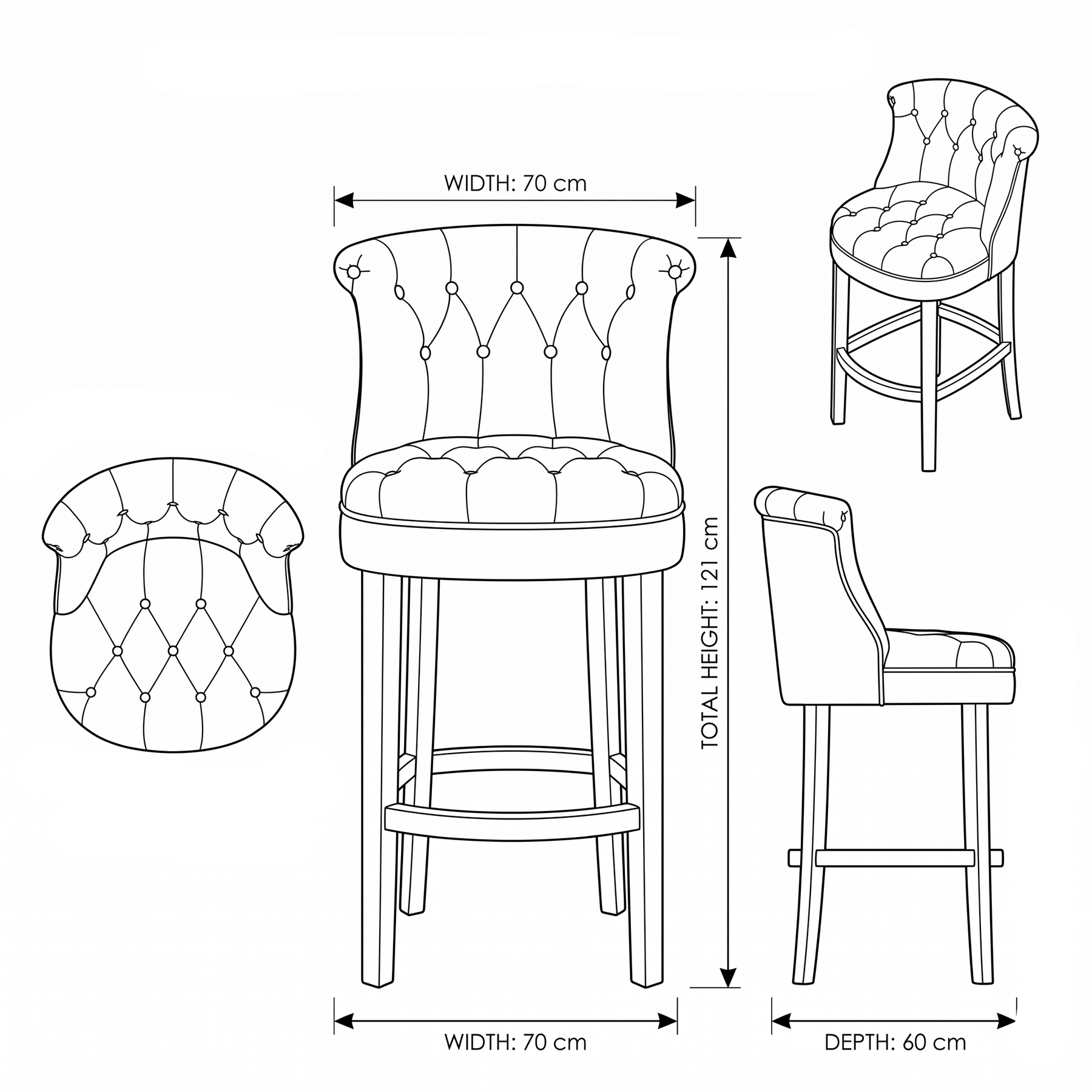 Bar Stool Ducati - Brown Fabric & Natural Oak Legs - 70 x 60 x 121 cm
