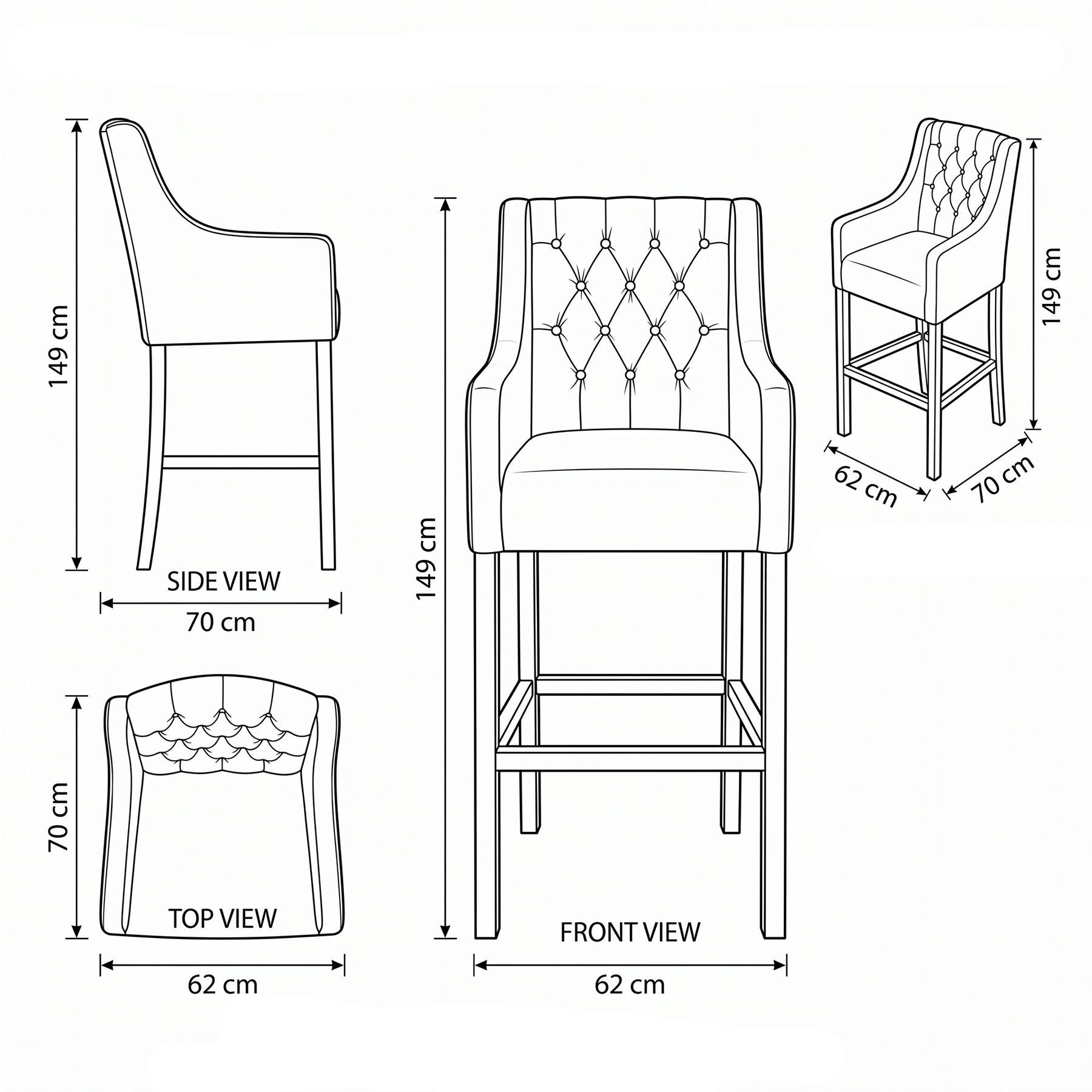 Bar Stool Orlando - Brown Fabric & Natural Oak Legs - 70 x 62 x 149 cm