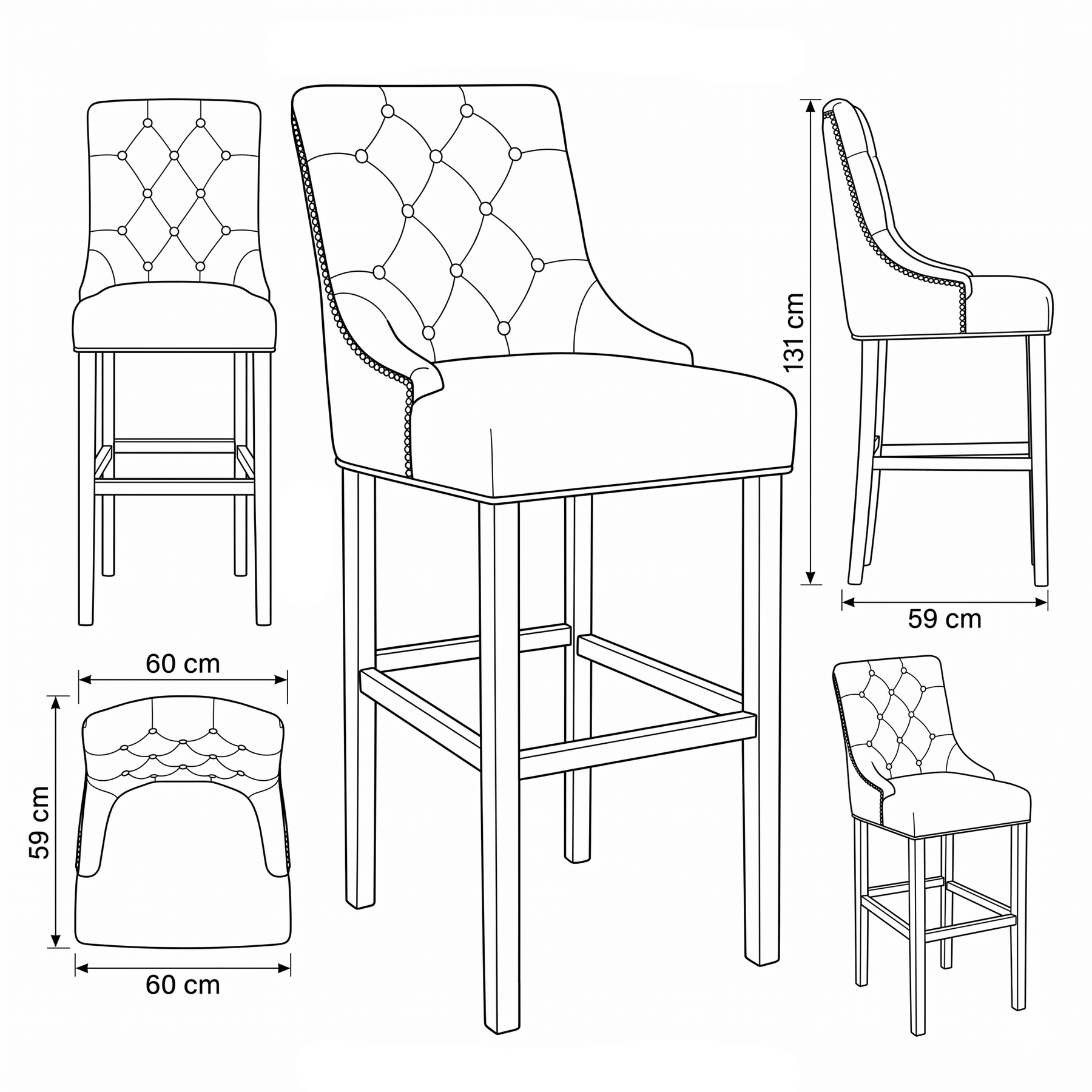 Bar Stool Verona - Brown Fabric & Natural Oak Legs - 60 x 59 x 131 cm