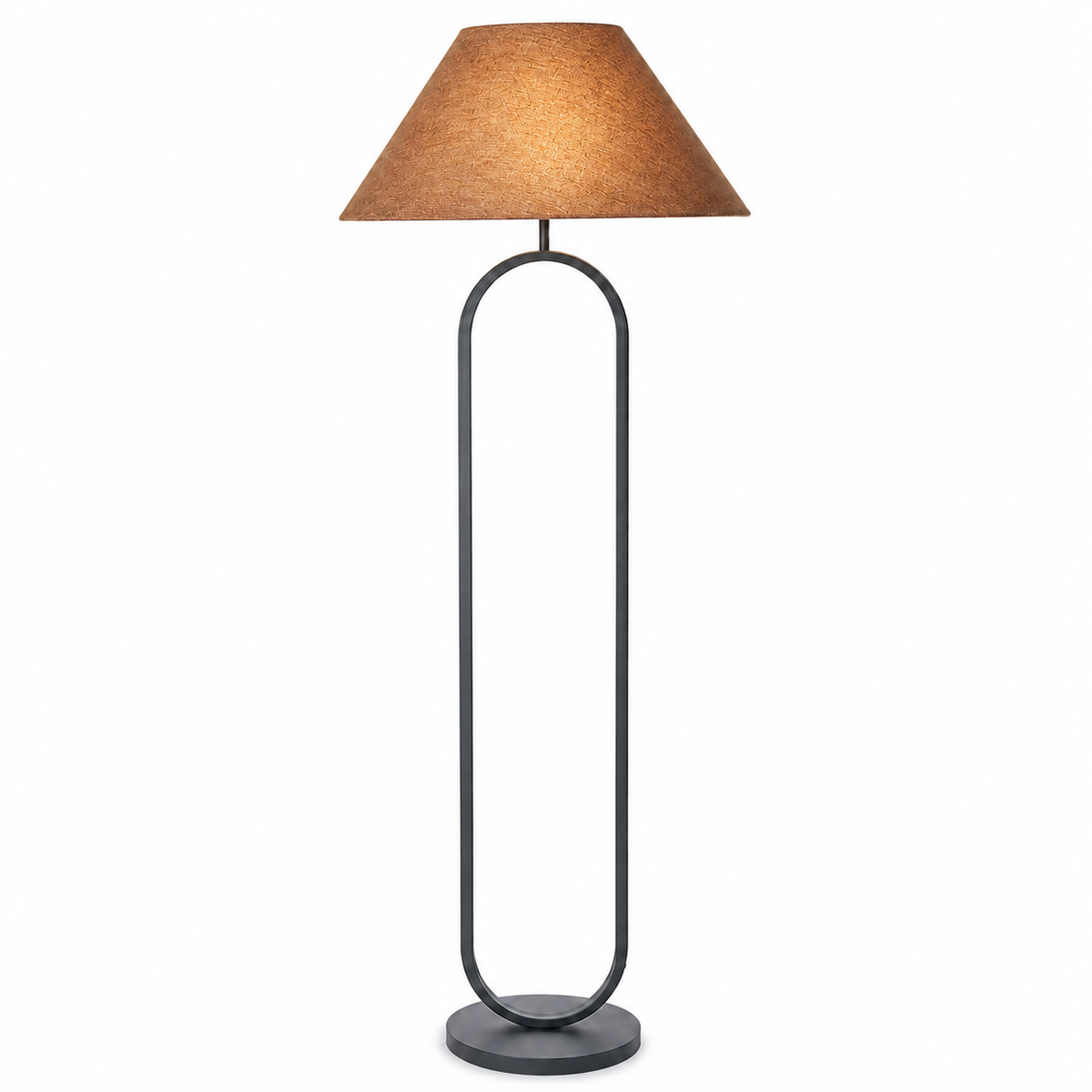 Floor Lamp Merit 1089S Black with lights turned on showing warm glow through fabric shade, front view on white background capturing ambient illumination by Marcottestyle