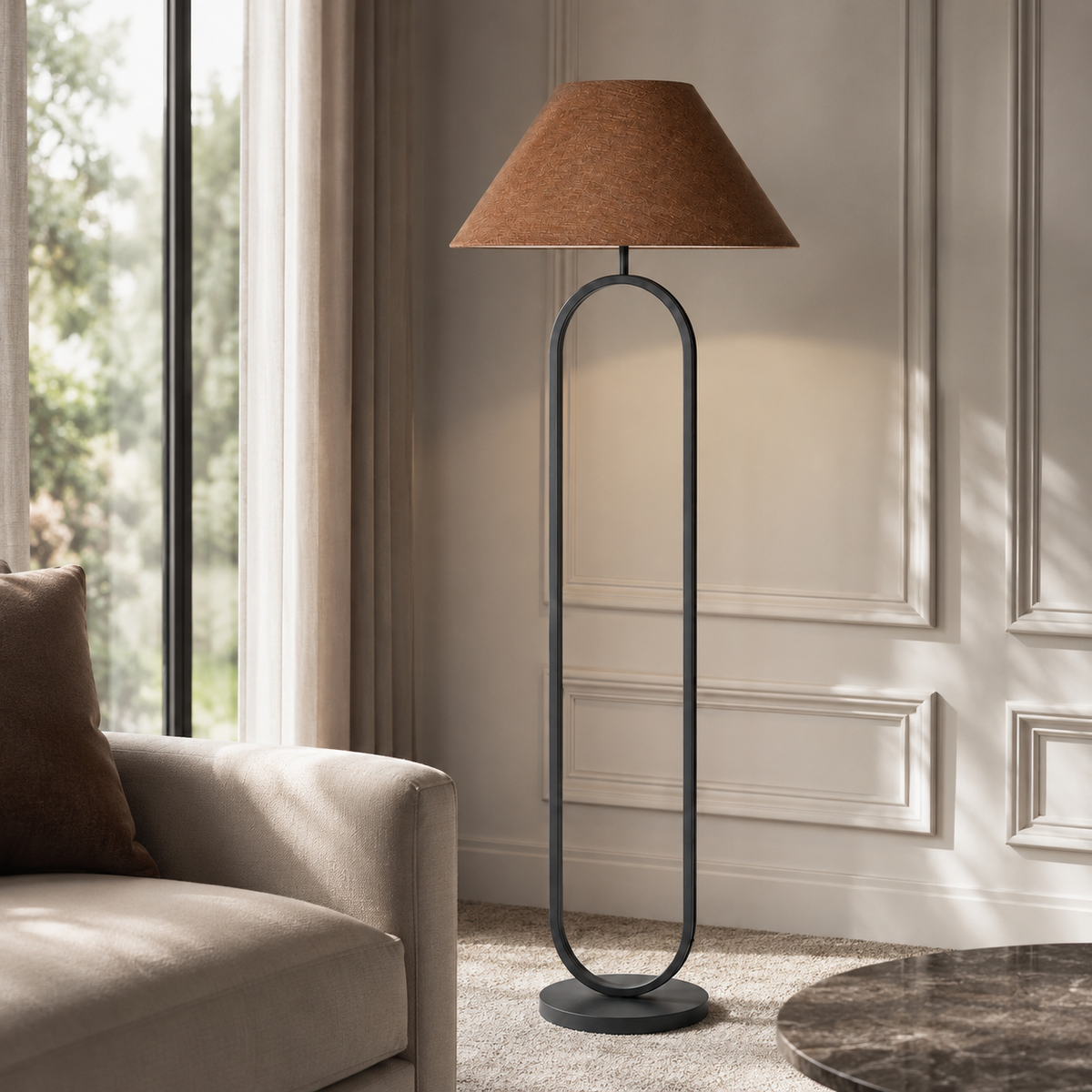 Floor Lamp Merit 1089S Black styled in modern luxury living room with natural sunlight, velvet carpet and classic interior framing showing photorealistic in-situ placement by Marcottestyle