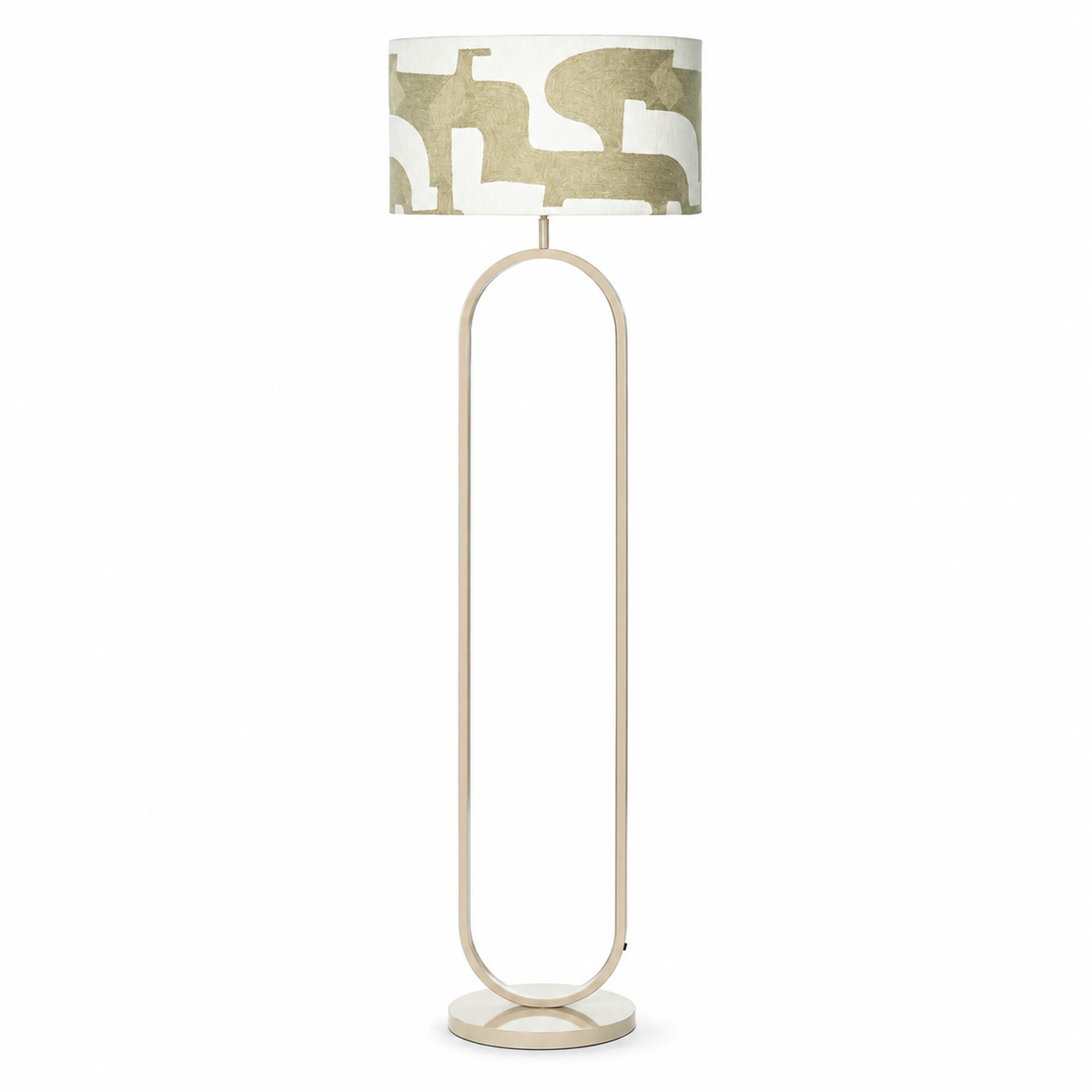 Floor Lamp Merit 1770B in taupe finish, front view on white background showing the full lamp with elegant elliptical shade in khaki fabric and sleek metal base by Marcottestyle