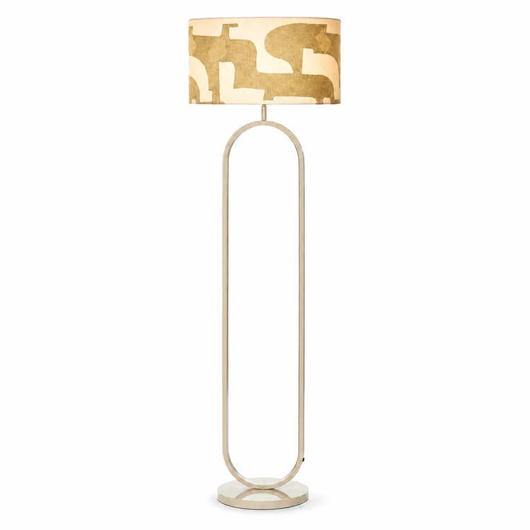 Floor Lamp Merit 1770B in taupe with light turned on, showing warm glow softly visible through the khaki fabric shade on white background by Marcottestyle