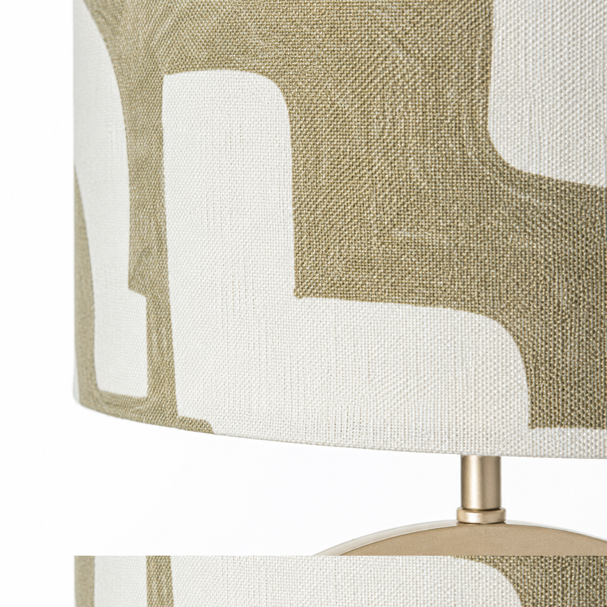 Close-up macro detail of the Floor Lamp Merit 1770B showing intricate khaki fabric weave texture and brushed taupe metal finish in high resolution by Marcottestyle