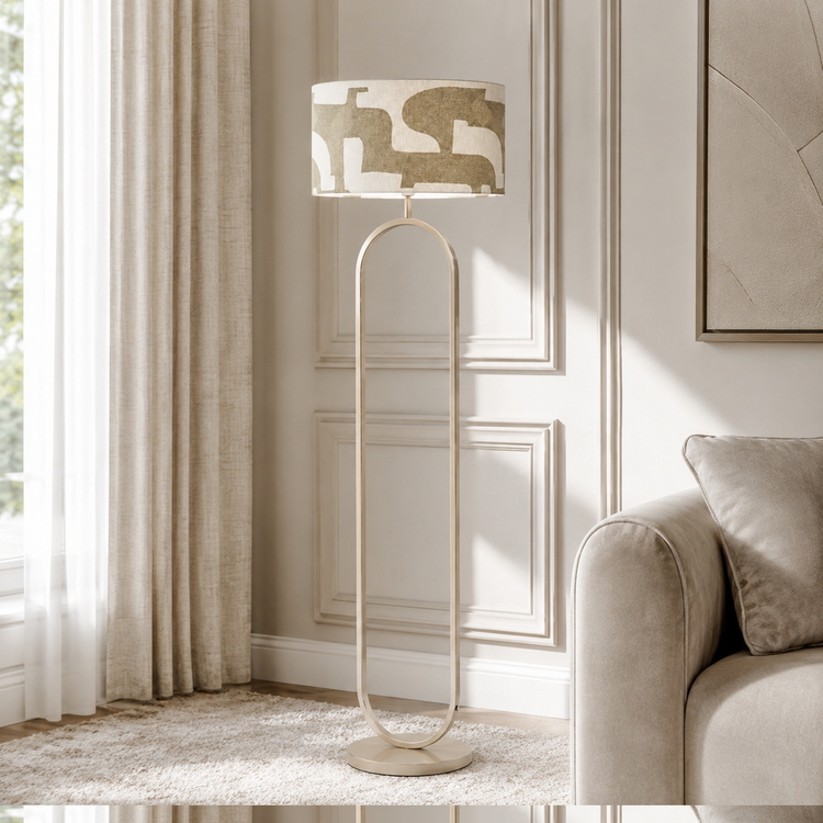 Floor Lamp Merit 1770B styled in a modern luxury living room with natural sunlight, velvet carpet and classic interior framing by Marcottestyle