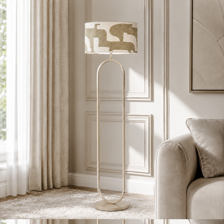 Stehlampe Merit 1770B styled in a modern luxury living room mit natural sunlight, velvet carpet and classic interior framing by Marcottestyle