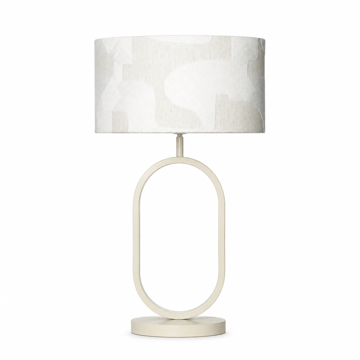Table Lamp Merit 9026N White front view with beige metal base and white elliptical fabric shade on pure white background with subtle shadow by Marcottestyle