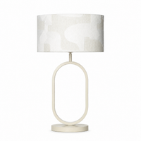Tischlampe Merit 9026N Weiß front view mit beige metal base and white elliptical fabric shade on pure white background mit subtle shadow by Marcottestyle