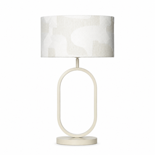 Table Lamp Merit 9026N White front view with beige metal base and white elliptical fabric shade on pure white background with subtle shadow by Marcottestyle