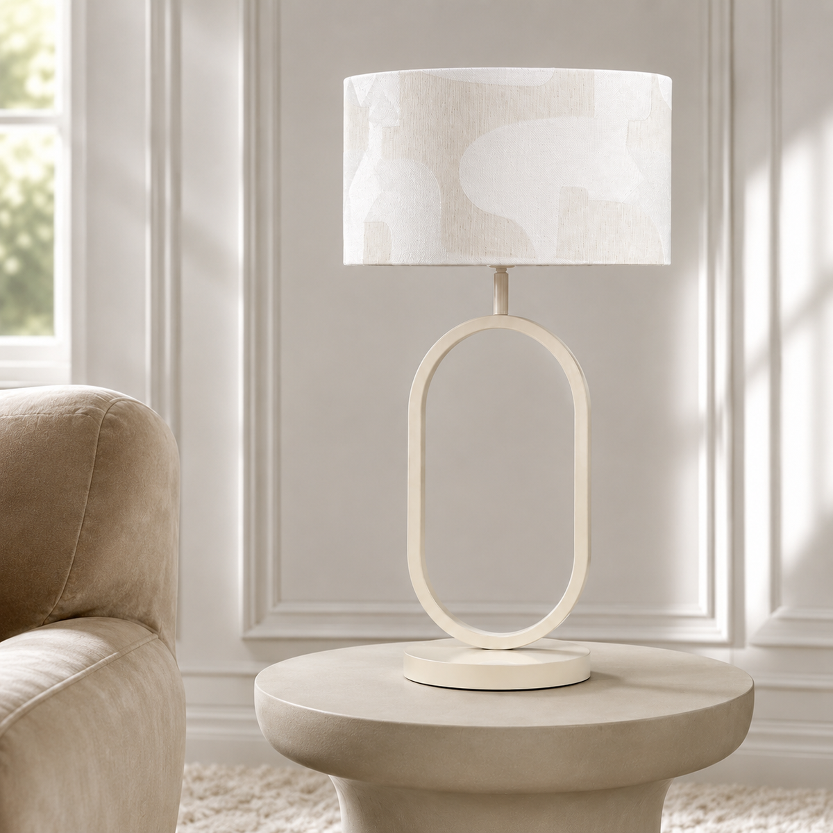 Table Lamp Merit 9026N White styled in modern luxury living room interior with natural window lighting and velvet carpet creating warm ambient atmosphere by Marcottestyle